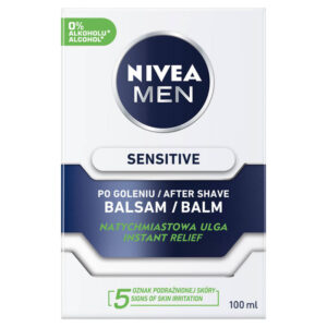 Opakowanie 100 ml balsamu łagodzącego Nivea Men Sensitive po goleniu, z 0% zawartością alkoholu, natychmiastową ulgą w kolorze zielonym oraz opisami w języku polskim i angielskim na białym i ciemnoniebieskim tle.