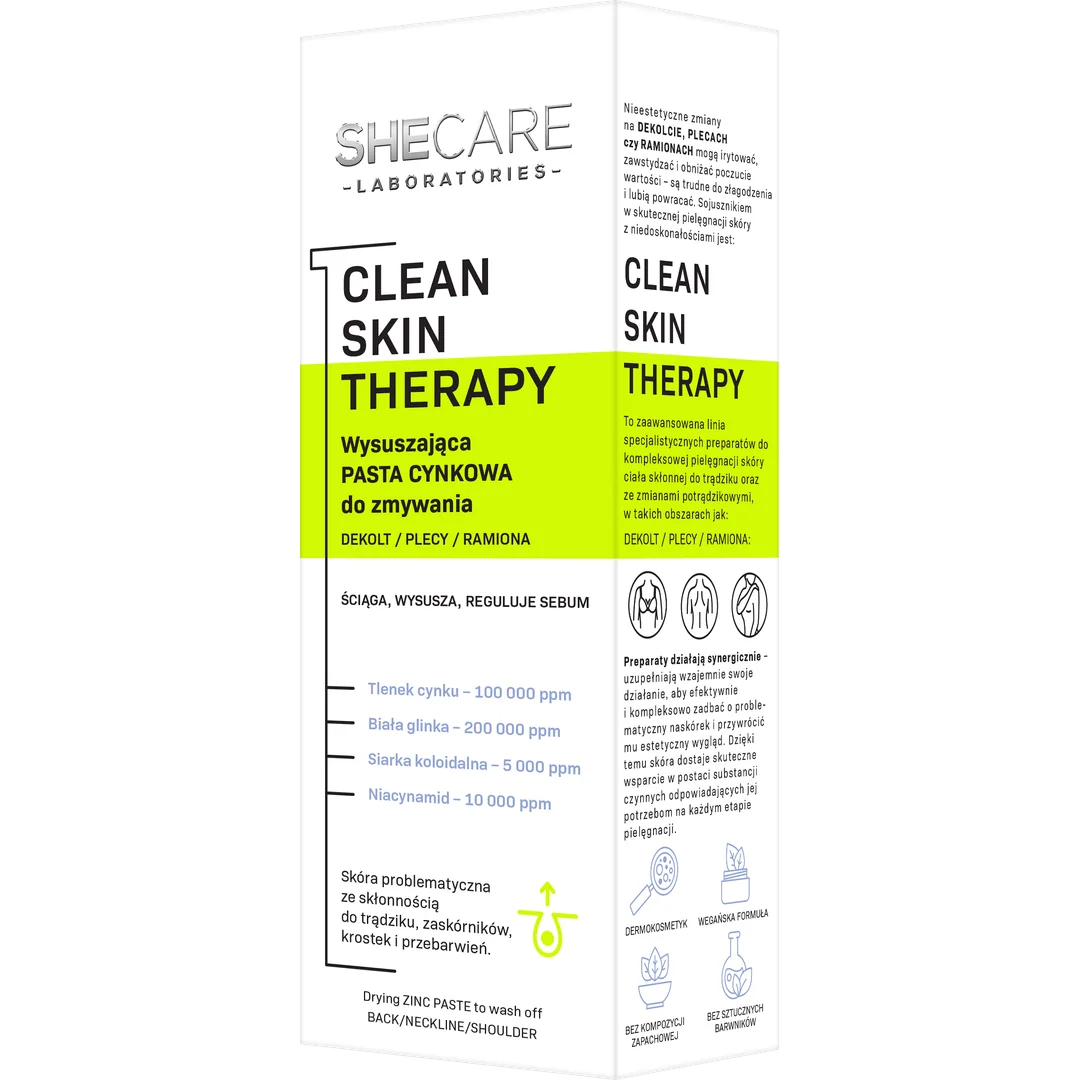 SheCare Clean Skin Therapy wysuszająca pasta cynkowa do zmywania – dekolt, plecy, ramiona, 90 g
