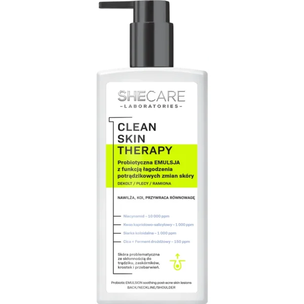 SheCare Clean Skin Therapy probiotyczna emulsja do ciała z funkcją łagodzenia potrądzikowych zmian skóry, 225 ml