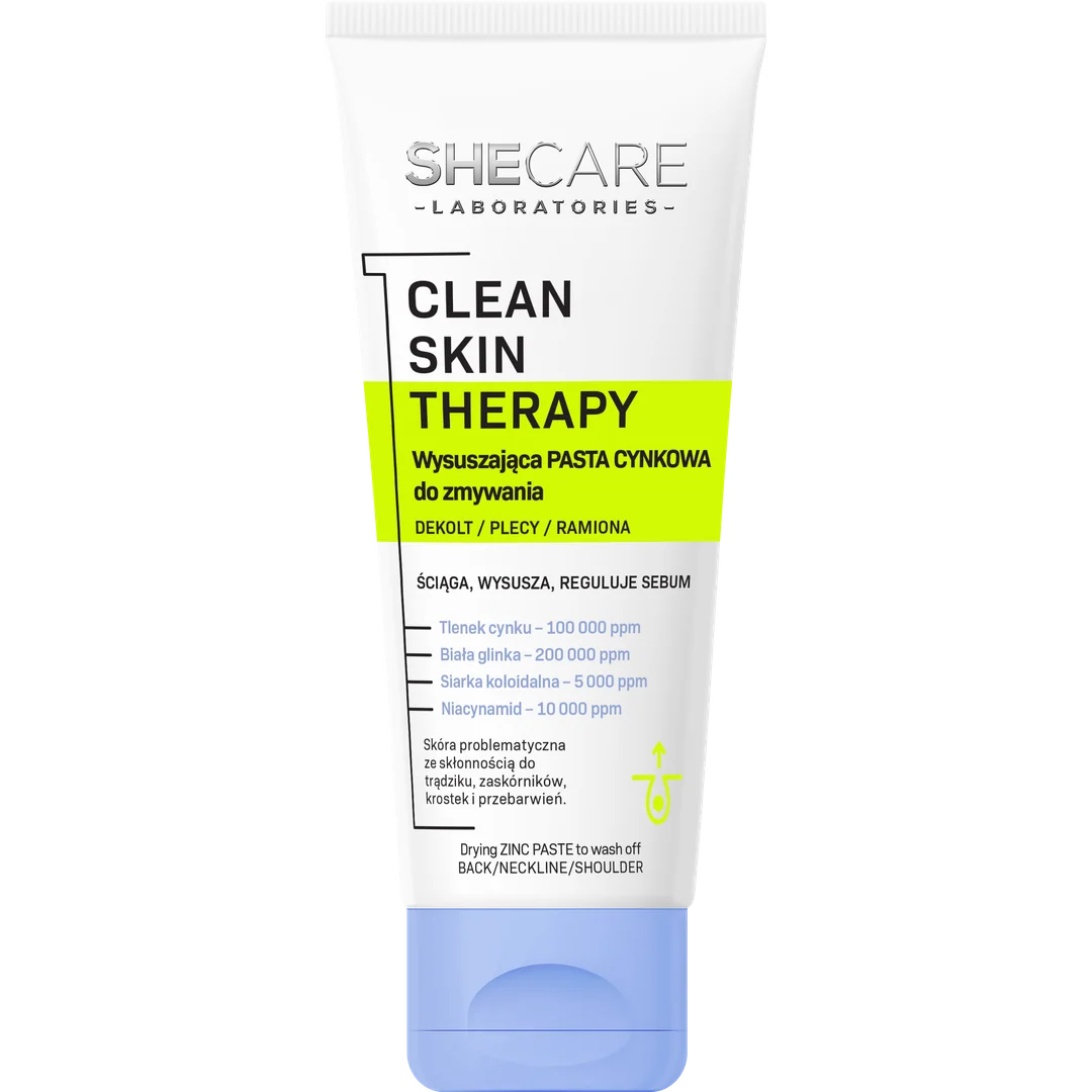 SheCare Clean Skin Therapy wysuszająca pasta cynkowa do zmywania – dekolt, plecy, ramiona, 90 g