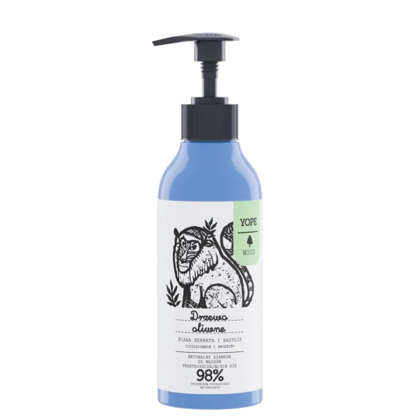 YOPE Wood szampon do włosów przetłuszczających się Drzewo Oliwne, Biała Herbata, Bazylia, 300 ml