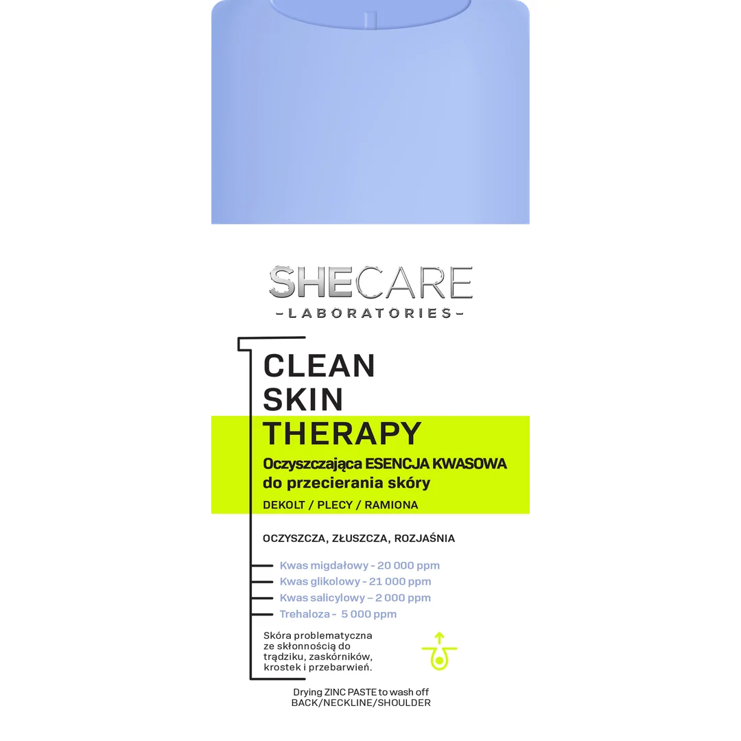 SheCare Clean Skin Therapy oczyszczająca esencja kwasowa do przecierania skóry ciała – dekolt, plecy, ramiona, 150 ml