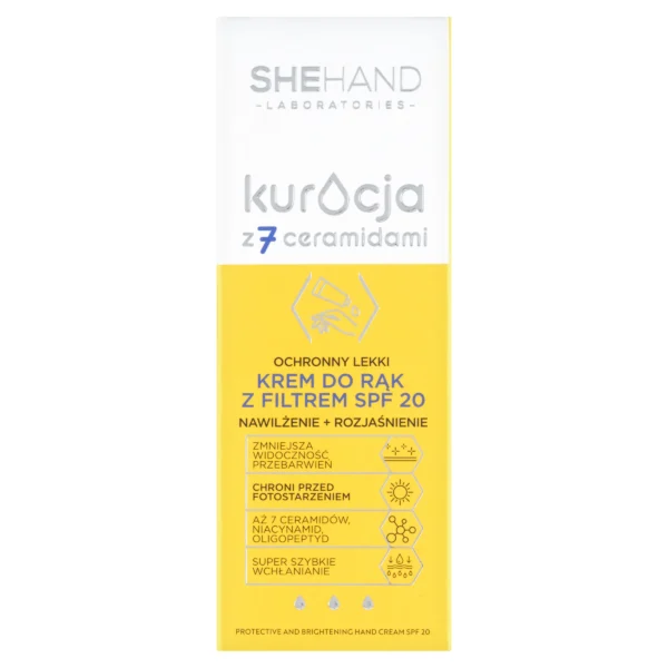 SheHand Kuracja z 7 ceramidami ochronny lekki krem do rąk z filtrem SPF 20 Nawilżenie + Rozjaśnienie, 75 ml