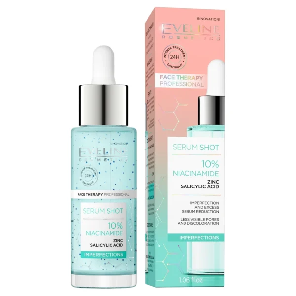 Eveline Cosmetics Serum Shot Niedoskonałości kuracja 10% niacynamid na twarz, szyję i dekolt, 30 ml