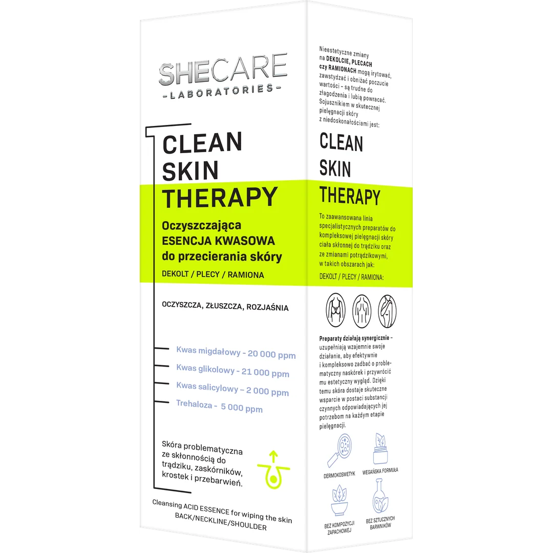 SheCare Clean Skin Therapy oczyszczająca esencja kwasowa do przecierania skóry ciała – dekolt, plecy, ramiona, 150 ml