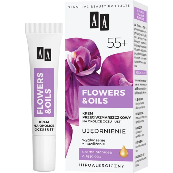 AA FLOWERS & OILS 55+ krem przeciwzmarszczkowy na okolice oczu i ust, 18 ml - obrazek 3