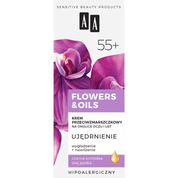 AA FLOWERS & OILS 55+ krem przeciwzmarszczkowy na okolice oczu i ust, 18 ml