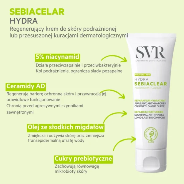 SVR SEBIACLEAR Hydra krem do twarzy nawilżająco-regenerujący, 40 ml - obrazek 3