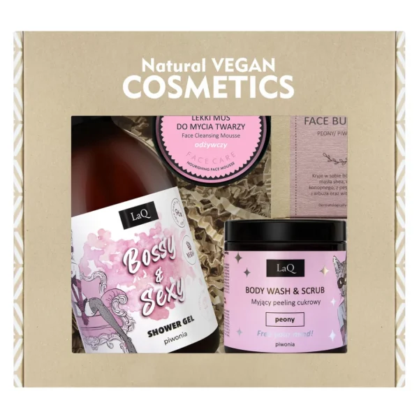 LaQ Kocica Piwonia zestaw żel pod prysznic, 500 ml + mus do twarzy, 40 g + masełko do twarzy, 50 ml + peeling do ciała, 220 g